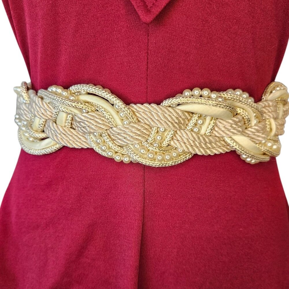 Womens Woven Cord Pearl Waist Belt Stretch Cream‎ Size Small 27-31" VTG 80s